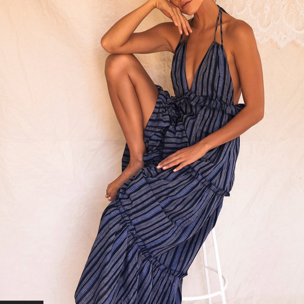 Vacay Babe Navy Blue Striped Halter Maxi Dress